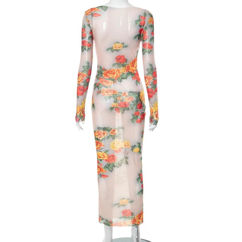 Maxikleid mit langen Ärmeln und transparentem Netzstoff im Kontrastmuster mit Blumenmuster 