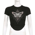 Butterfly pattern crewneck contrast short sleeve crop top