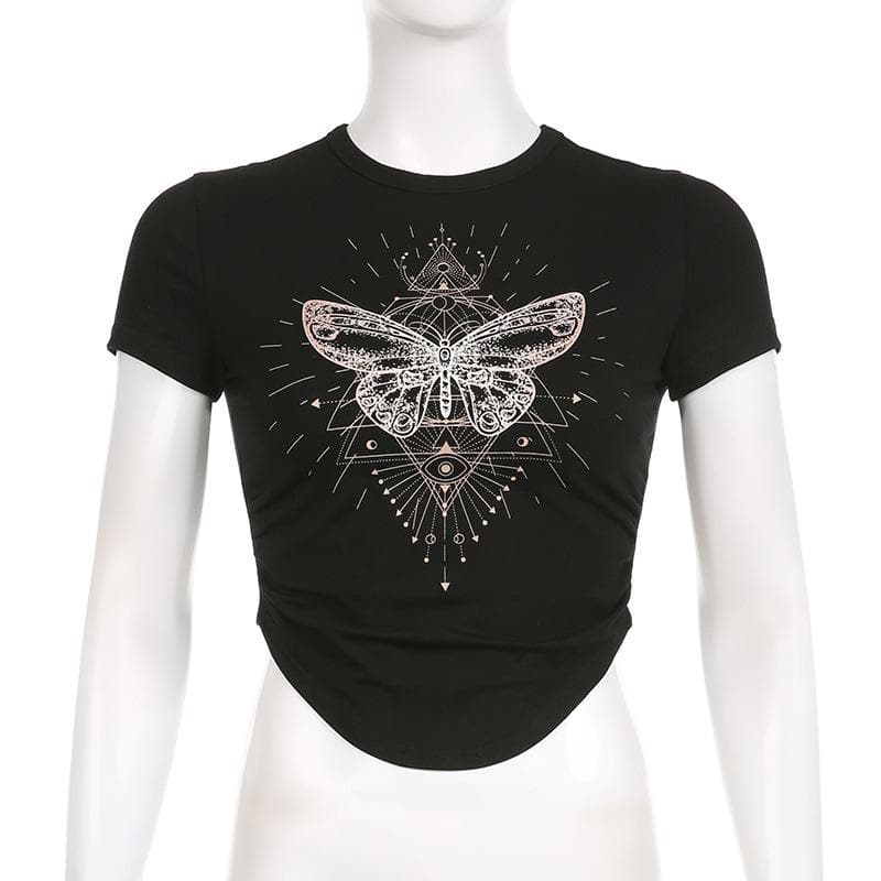 Butterfly pattern crewneck contrast short sleeve crop top