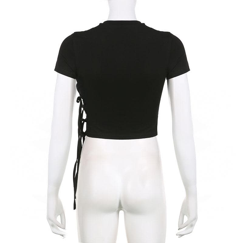 Crewneck short sleeve star applique self tie solid crop top