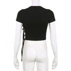 Crewneck short sleeve star applique self tie solid crop top