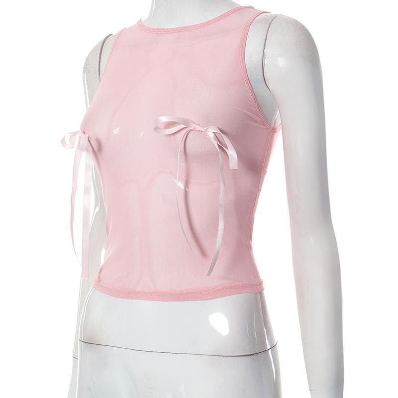Sheer mesh see through bowknot sleeveless crewneck top