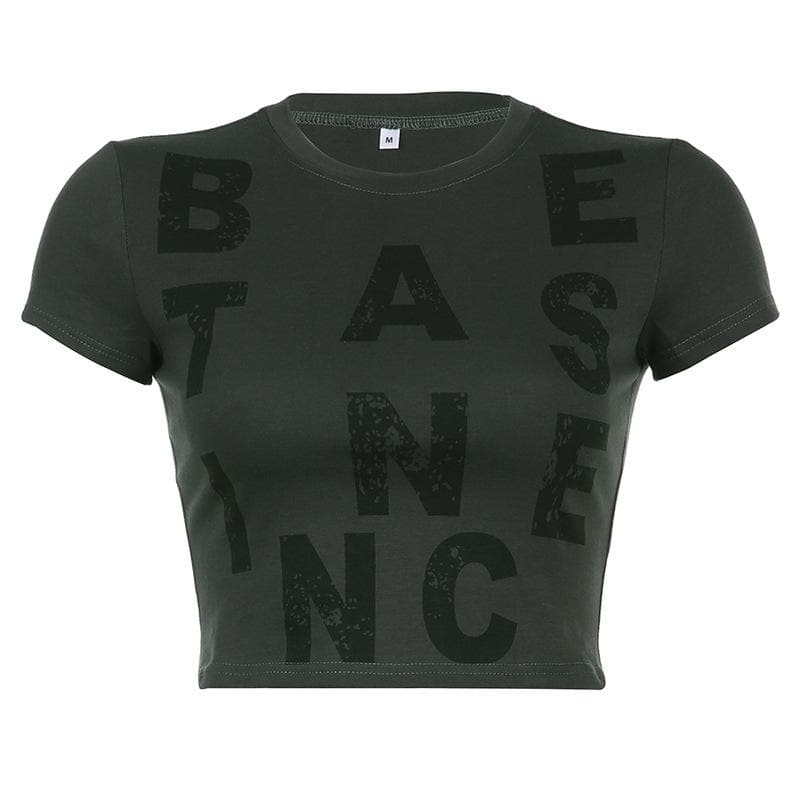 Kurzärmliges Crop-Top mit Rundhalsausschnitt und Kontrastdruck 