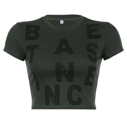 Kurzärmliges Crop-Top mit Rundhalsausschnitt und Kontrastdruck 