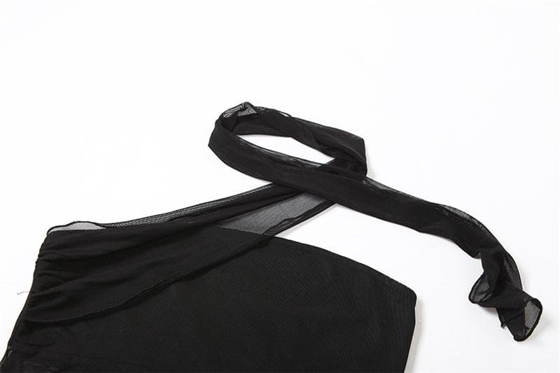 Mesh solid irregular halter slit backless crop top