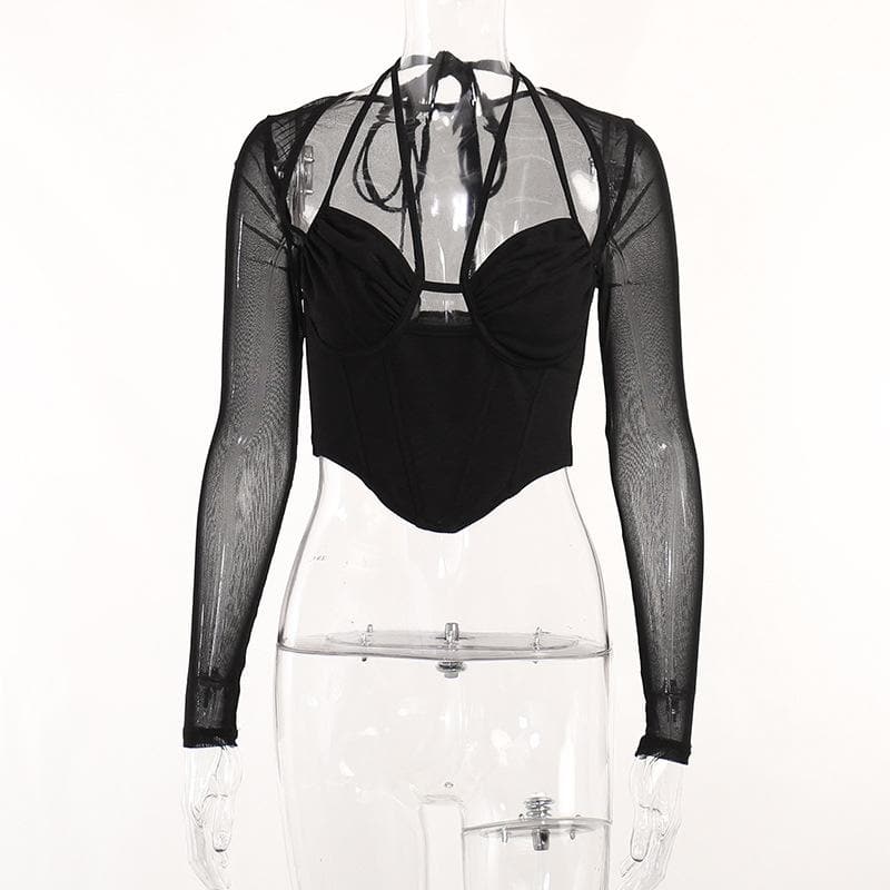 Top corto con corsetto in rete traforata e maniche lunghe - Saldi finali 