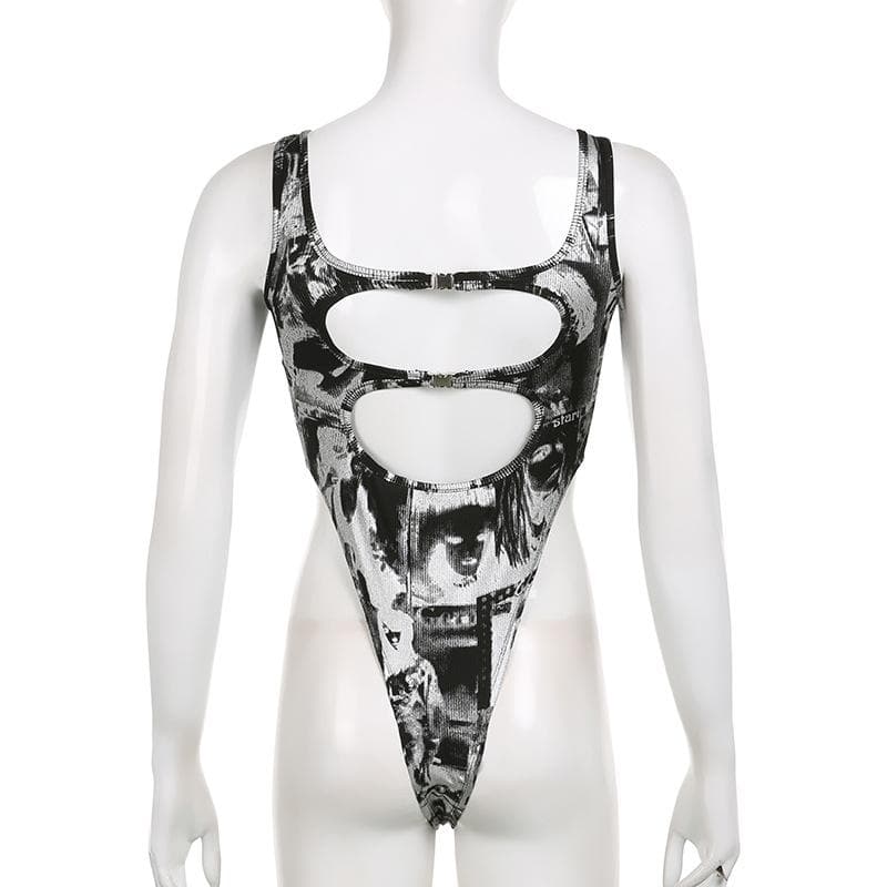Square neck sleeveless hollow out abstract buckle bodysuit