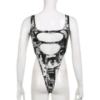 Square neck sleeveless hollow out abstract buckle bodysuit