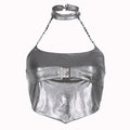 Halter metallic button backless metal chain crop top