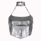 Halter metallic button backless metal chain crop top