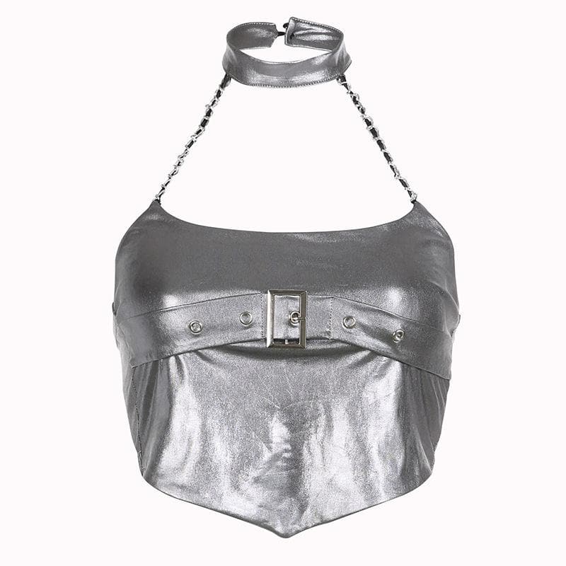 Halter metallic button backless metal chain crop top