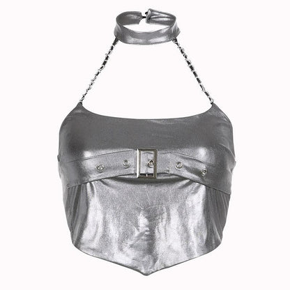 Halter metallic button backless metal chain crop top