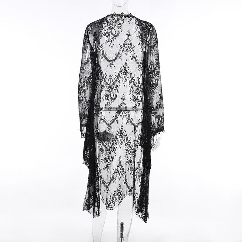 Flared sleeve lace see through solid irregular top