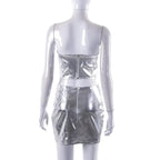 Metallic backless zip-up corset tube mini skirt set
