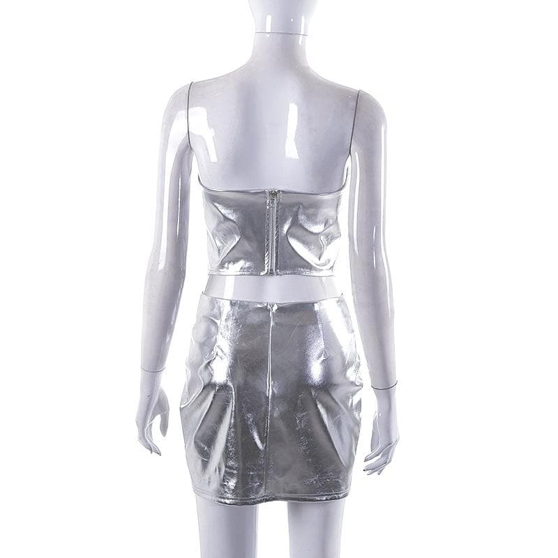 Metallic backless zip-up corset tube mini skirt set