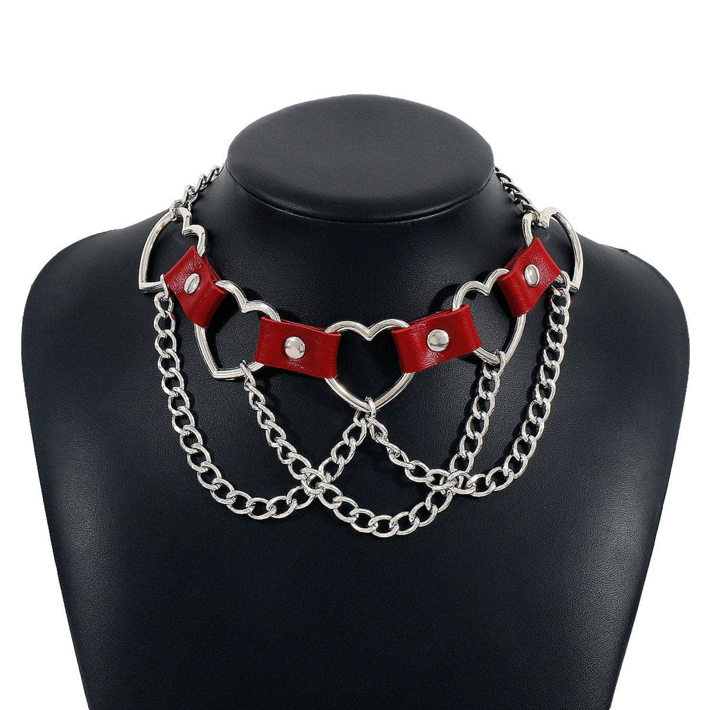 Heart Ring Pu Chain Layered Choker Necklace
