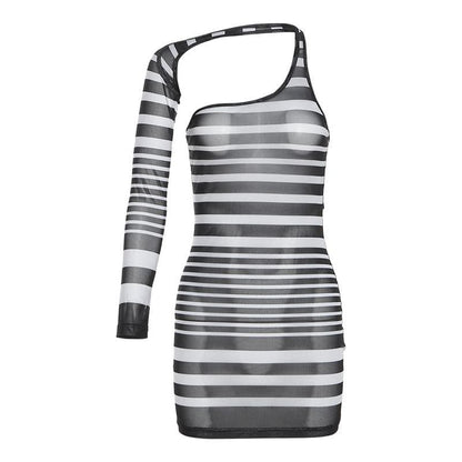 Irregular sheer mesh see through one shoulder striped mini dress