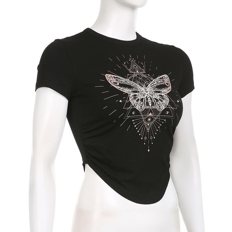 Butterfly pattern crewneck contrast short sleeve crop top