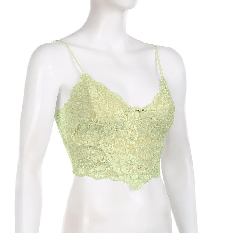 Top corto in pizzo con scollo a V e schiena scoperta, applicazioni floreali a contrasto