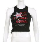 Star pattern contrast lace up sleeveless crewneck crop top