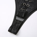 Metal chain lace up mesh low cut backless bodysuit