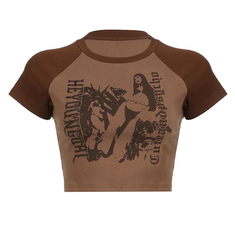 Abstract Print Patchwork Contrast Short Sleeve Crewneck Crop Top