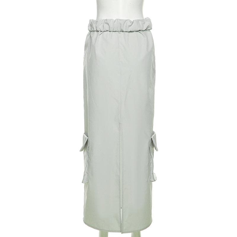 Ruched pocket cargo solid low rise maxi skirt