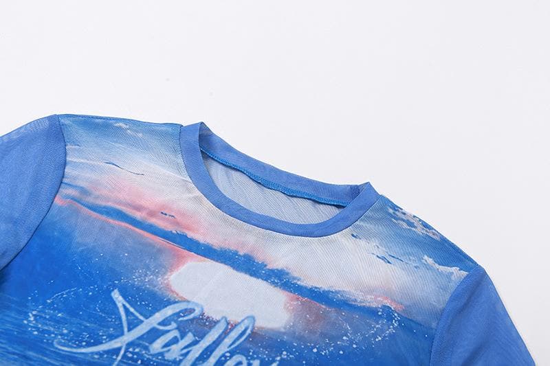 Short sleeve sheer mesh see through ruffle contrast print crop top