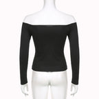 Off shoulder long sleeve ribbed solid top