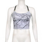 Cross back buckle u neck backless contrast print crop top