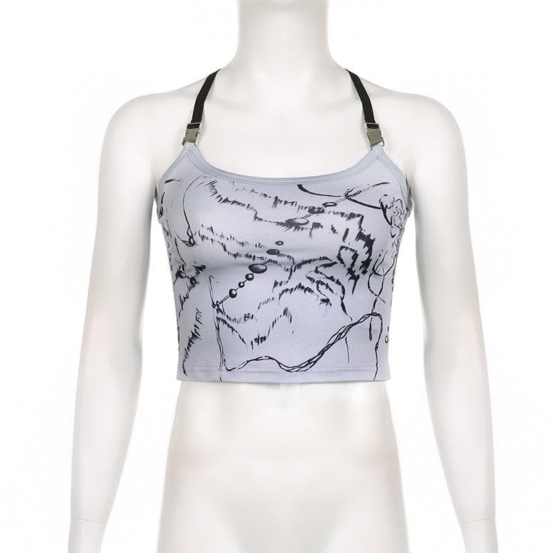 Cross back buckle u neck backless contrast print crop top