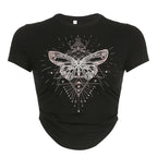 Butterfly pattern crewneck contrast short sleeve crop top