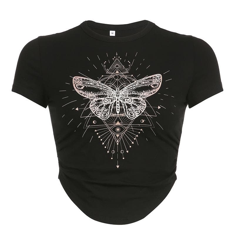 Butterfly pattern crewneck contrast short sleeve crop top