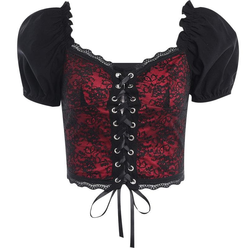 Puff sleeve contrast v neck lace patchwork lace up crop top