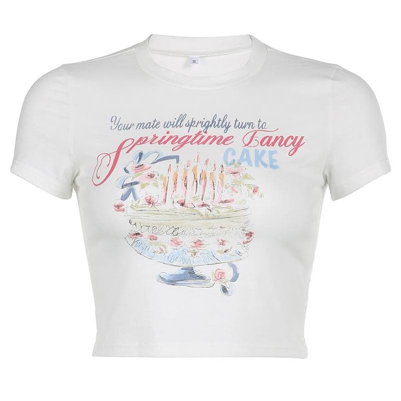 Cake pattern contrast short sleeve crewneck crop top