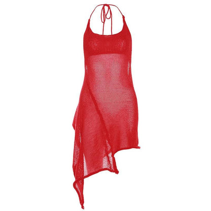 Gehäkeltes, durchsichtiges Neckholder-Minikleid zum Selbstbinden, unregelmäßig, einfarbig, rückenfrei 