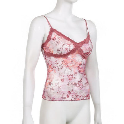 Rückenfreies Cami-Top mit Spitzen-Blumenmuster und V-Ausschnitt in Kontrastfarbe 