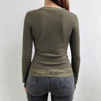 Long sleeve patchwork ribbed lace hem top - Final Sale