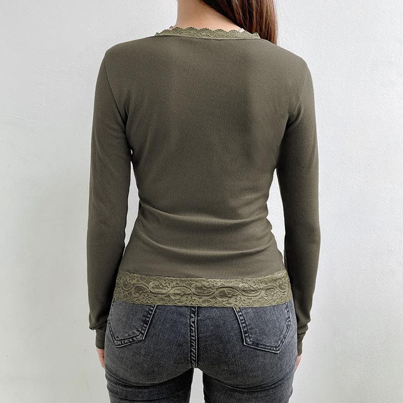Long sleeve patchwork ribbed lace hem top - Final Sale
