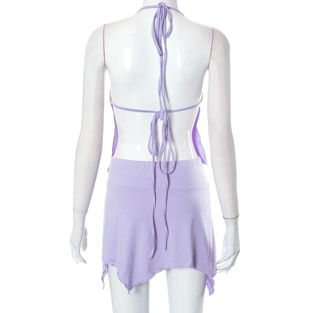 Halter solid self tie backless drawstring irregular slit mini skirt set