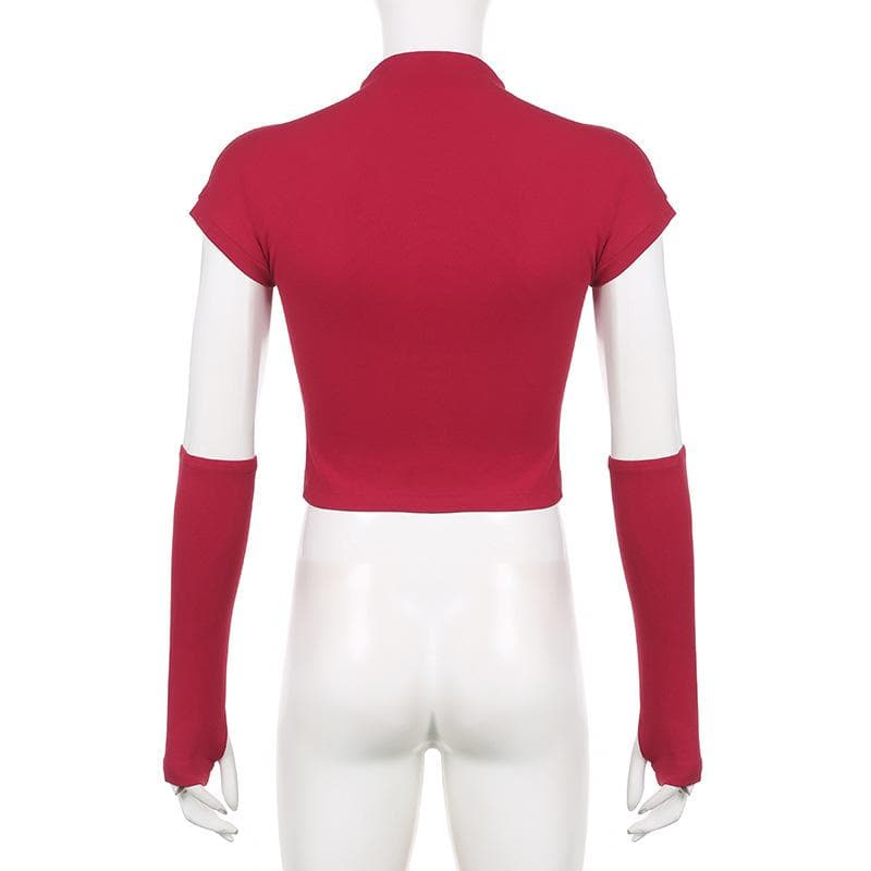 High neck short sleeve gloves cat pattern crop top
