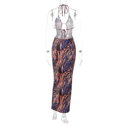 Backless hollow out halter self tie contrast print maxi dress