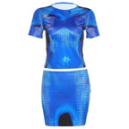 Contrast print short sleeve crewneck mini skirt set