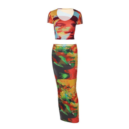 Abstract Print Contrast Short Sleeve U Neck Maxi Skirt Set