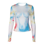 Long sleeve crewneck flower print contrast top