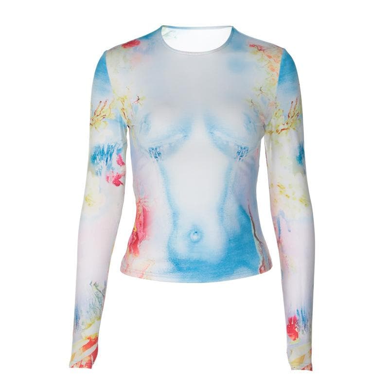 Long sleeve crewneck flower print contrast top