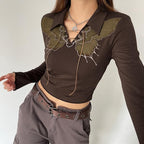 Long sleeve contrast turnover collar butterfly pattern lace up crop top - Final Sale