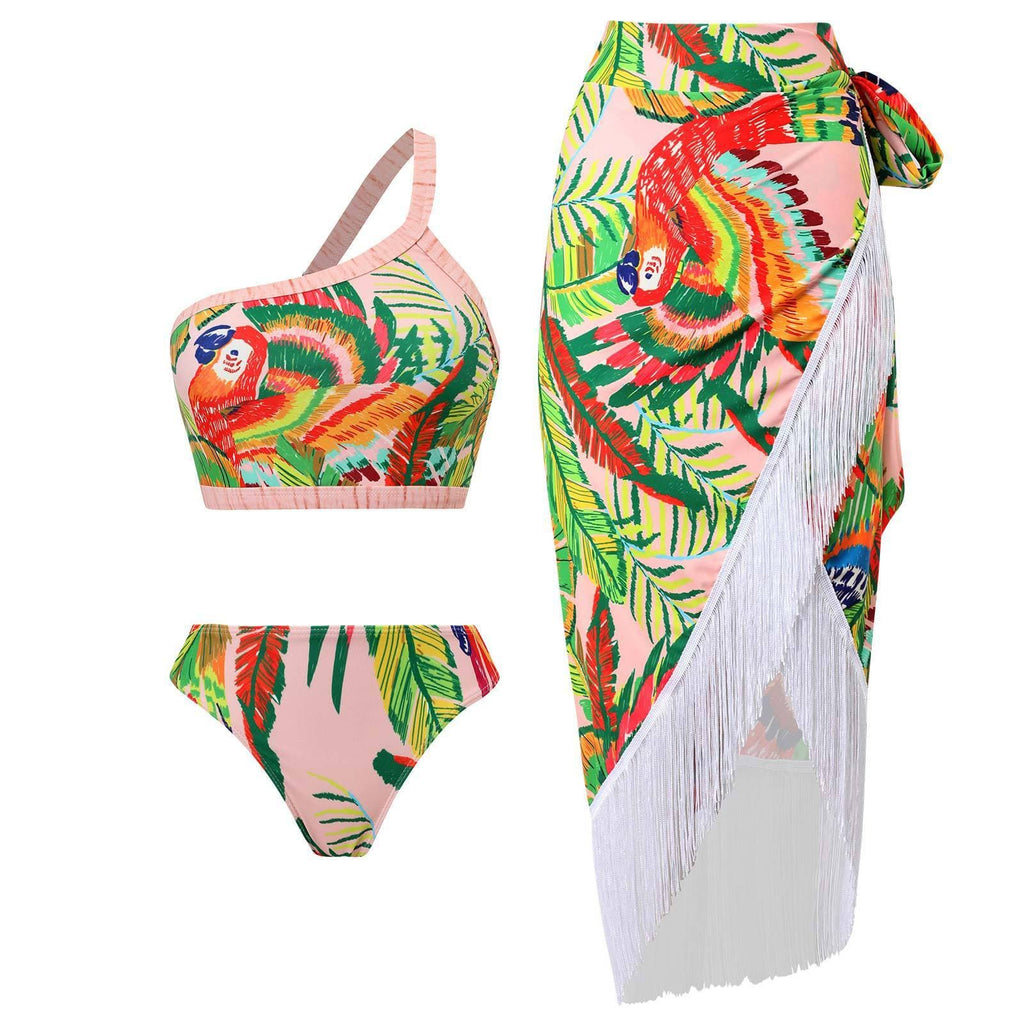 Costume da bagno bikini monospalla con stampa a foglie e schiena scoperta a contrasto