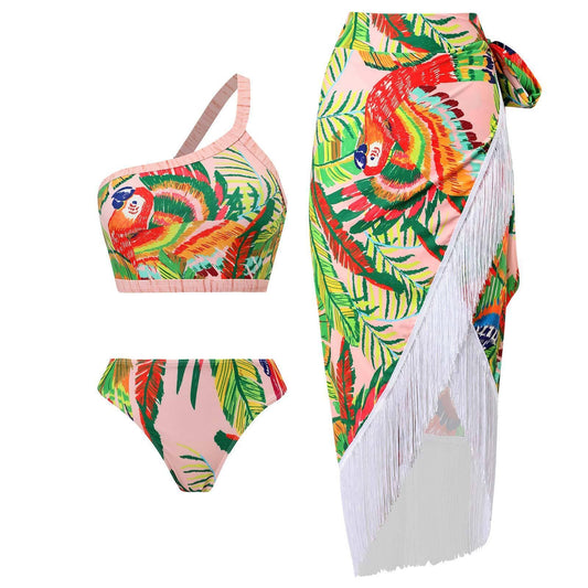 One shoulder leaf print backless contrast bikini swimwear