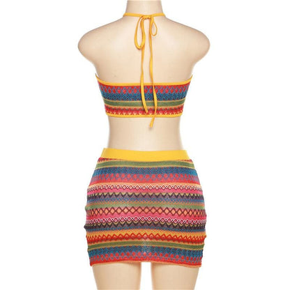 Self tie halter backless contrast print textured mini skirt set